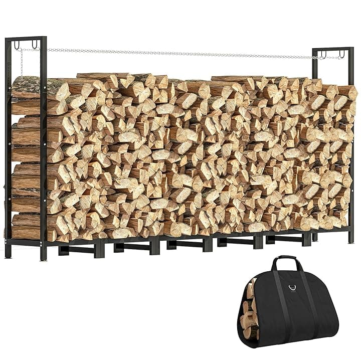 Outsunny Legnaia da Esterno in Acciaio, Portalegna da Esterno con Borsa Portalegna da Trasporto, Struttura Regolabile e Catene in Metallo, Porta Legna Rialzato, 0.8m³, 235x31x116 cm, Nero