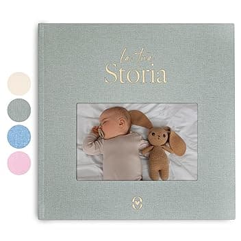 Wellode® Album Nascita Bambino/a con Copertina in Lino Personalizzabile - Libro Nascita Bimbo/a con 76 Pagine e Adesivi Oro - Album Ricordi Neonato - Idea Regalo Nascita e Baby Shower, Genere Neutro