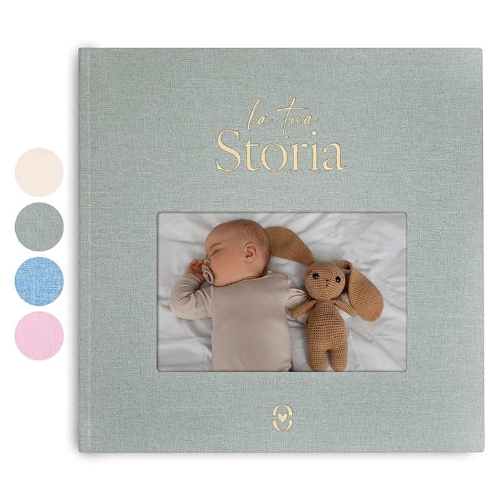 Wellode® Album Nascita Bambino/a con Copertina in Lino Personalizzabile - Libro Nascita Bimbo/a con 76 Pagine e Adesivi Oro - Album Ricordi Neonato - Idea Regalo Nascita e Baby Shower, Genere Neutro