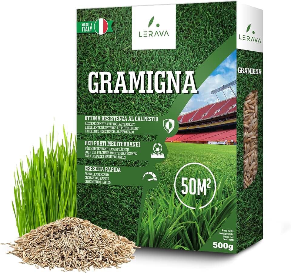 LERAVA Semi Gramigna per Prato (500 g) - Copertura 50 m² - Semi gramignone resistenti alla siccità - Ideali per prati mediterranei e costieri - Consumo d’acqua 20% ridotto