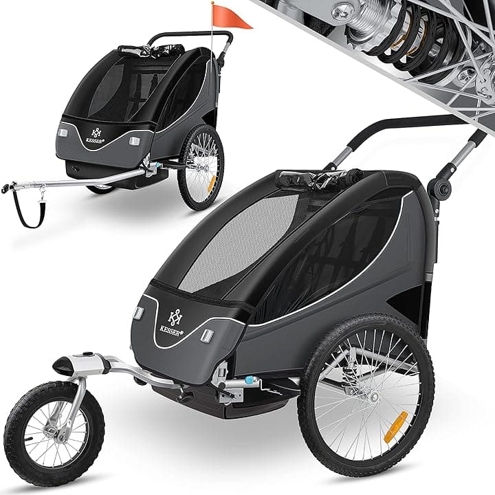 KESSERยฎ Rimorchio per Bambini, ruotabile a 360ยฐ, con Sospensioni, 2in1 - Funzione Jogger/Rimorchio, Cintura a 5 punti, per 1 o 2 Bambini/max. 40kg
