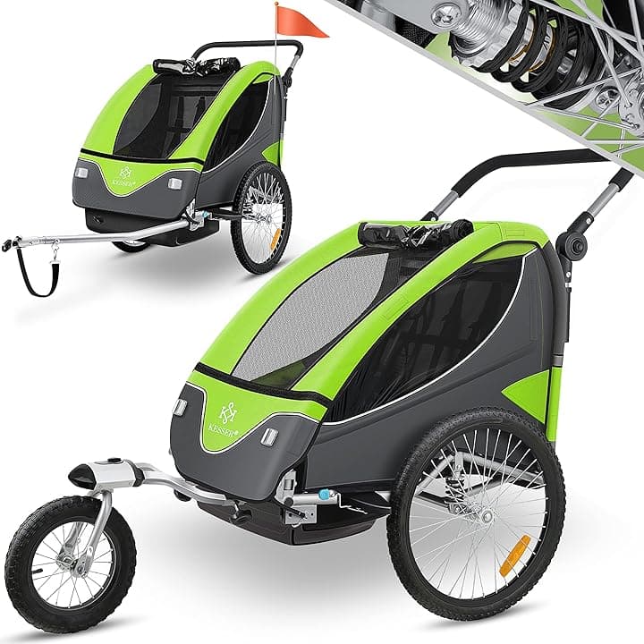 KESSERยฎ Rimorchio per Bambini, ruotabile a 360ยฐ, con Sospensioni, 2in1 - Funzione Jogger/Rimorchio, Cintura a 5 punti, per 1 o 2 Bambini/max. 40kg