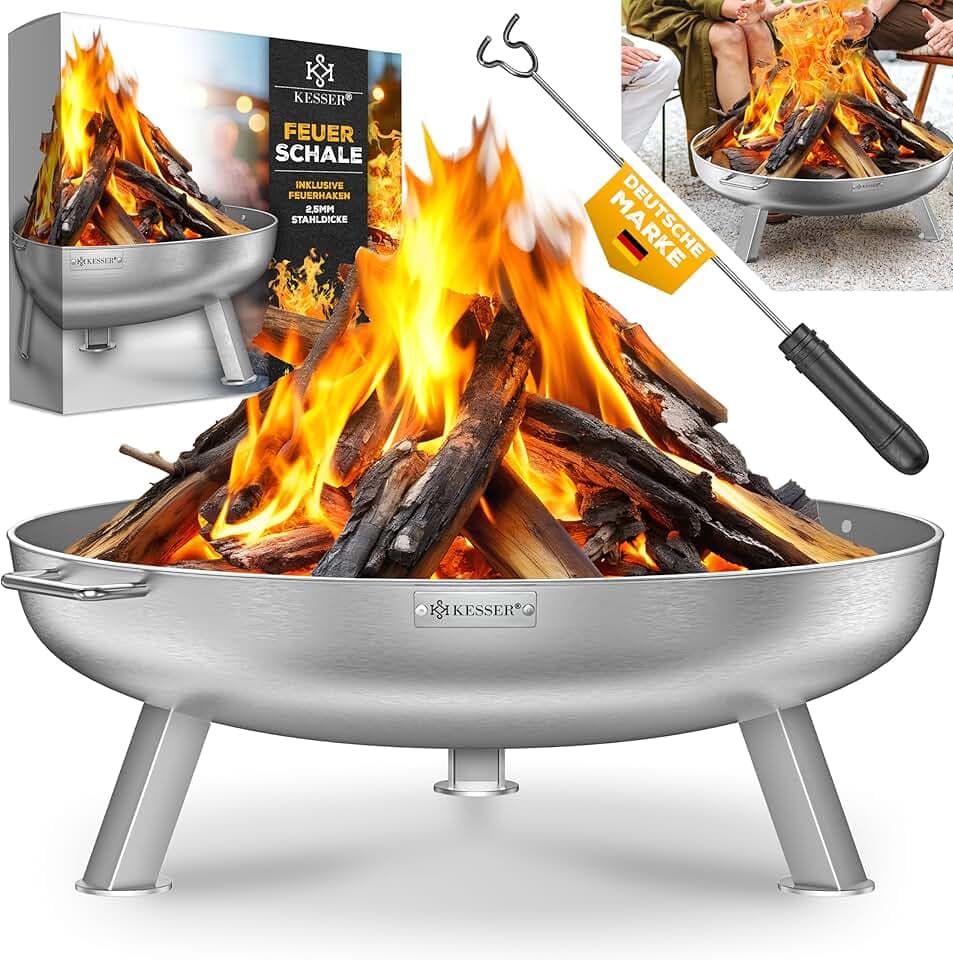 KESSER Braciere da 2,5 mm di spessore, in acciaio legato, Ø 80 cm, braciere con gancio da 42 cm, scarico dell'acqua in ghisa e 2 maniglie stabili, braciere per camino in legno e carbone, per giardino