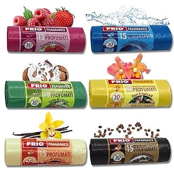 FRIO Multifrutti - 90 Sacchetti spazzatura 30 Litri Profumati, 6 Confezioni da 15 Sacchi immondizia con 6 aromi e colori assortiti - 52x58 cm - Buste per pattumiera resistenti, piccoli, differenziata